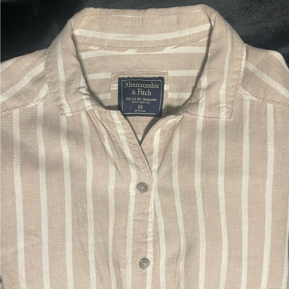 Abercrombie & Fitch Linen Tan & White Stripe Short Sleeve Blouse Top Size XS - Picture 2 of 11